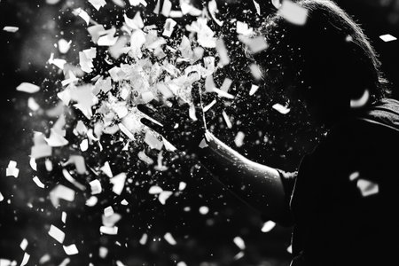 Black and white photo of a girl throwing confetti in the airの写真素材