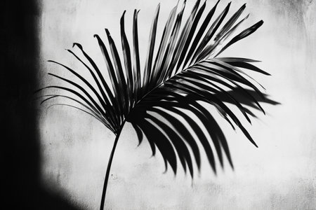 Palm leaf shadow on white wall. Black and white tone.