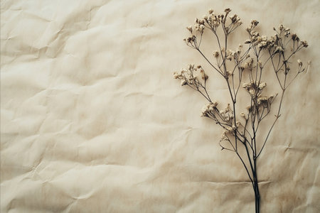 Dried flowers on crumpled paper background with copy space.の写真素材