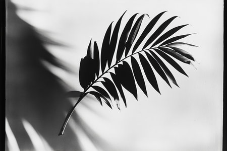 Silhouette of palm leaf on a white background. Black and white.