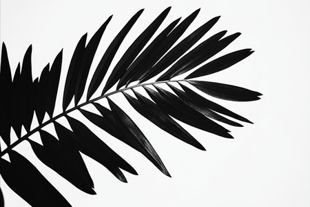 Black leaf of palm tree isolated on white background. Flat lay, top view.の写真素材