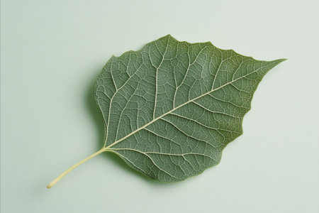 Leaf of a poplar on a light green background, top view