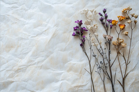 Dried flowers on crumpled paper background. Flat lay.の写真素材