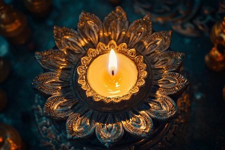 Top down view of a single lit candle in a decorative glass lotus holder creating a warm and...