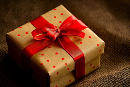 A beautifully wrapped gift box sits on a textured surface. The box is a light beige color with small...