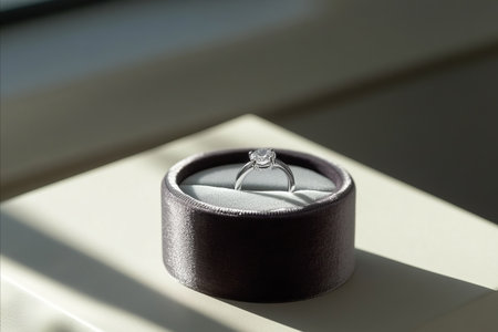 Close-up of a sparkling diamond engagement ring presented in a dark, round ring box, bathed in...