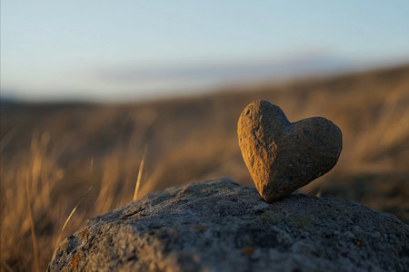 A close up of a naturally formed heart shaped stone resting on a boulder. The warm light of sunset...