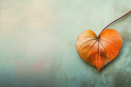 A close up of a single orange autumn leaf shaped like a heart resting on a rustic textured...