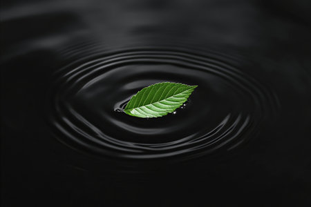 A vibrant green leaf floats peacefully in the center of dark, calm water, creating elegant...