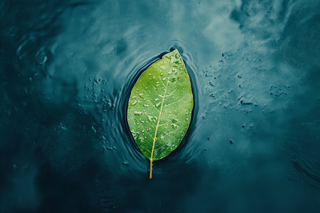 Top down view of a single vibrant green leaf with fresh water drops resting on the surface of dark,...