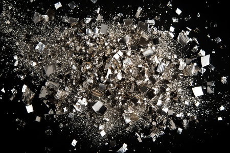 Abstract composition of scattered metallic fragments, creating a visually striking texture against a...