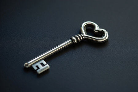 Close-up of a vintage style key with a heart-shaped design, resting on a dark surface. The key is...