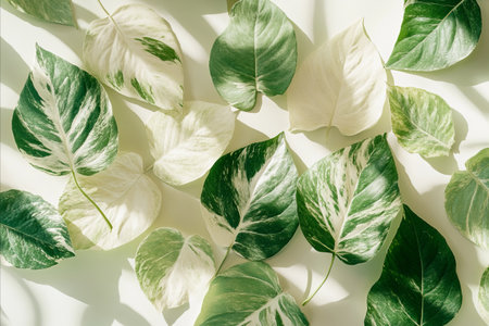 Top down view of scattered variegated leaves from a houseplant. A beautiful mix of green and white...