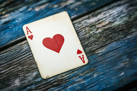 Close-up of a playing card, specifically the Ace of Hearts, resting on a weathered wooden surface....