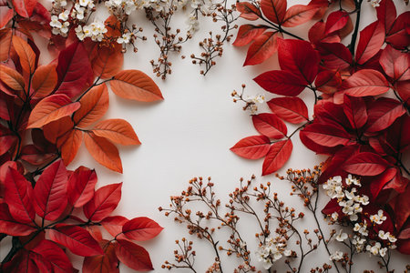 Red and orange autumn leaves and small white flowers arranged in a frame on a white background....