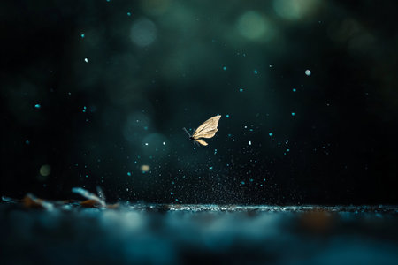 A captivating image of a butterfly in flight, surrounded by a flurry of water droplets, set against...