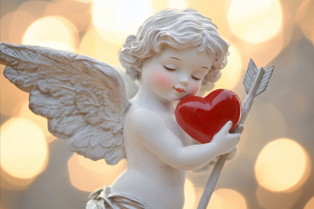 A close-up of a delicate cherub figurine embracing a vibrant red heart, set against a dreamy bokeh...