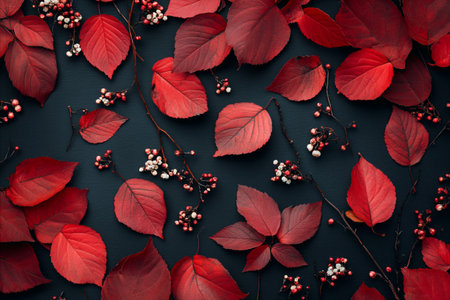Vibrant autumn leaves scattered on a dark surface, creating a rich and textured composition. The red...