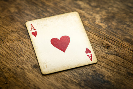 Ace of hearts on a wooden table. Vintage style photo.