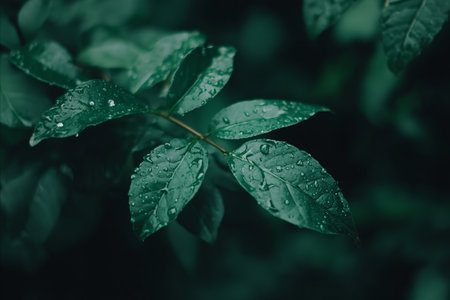 A detailed close-up shot of lush, dark green leaves glistening with fresh water droplets, evoking a...