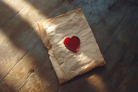 Old letter with heart on wooden background. Valentine's day concept.の写真素材