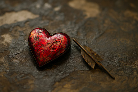 Red heart with feather on grunge background. Valentine's day conceptの写真素材