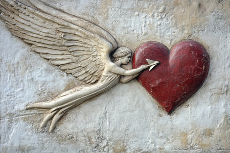 Angel with heart on the wall. St. Petersburg, Russia.の写真素材