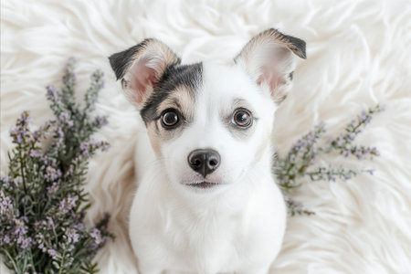 Cute little puppy with flowers on white fur, top view.の写真素材
