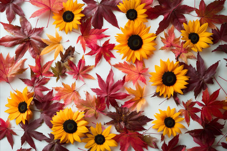 Autumn leaves and sunflowers on white background. Flat lay, top viewの写真素材