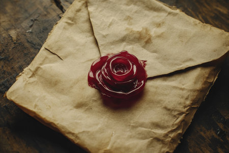 Aged envelope with wax seal and rose on rustic wooden background