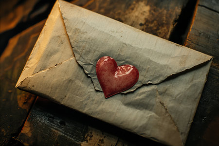 Envelope with a red heart on a rustic wooden backgroundの写真素材