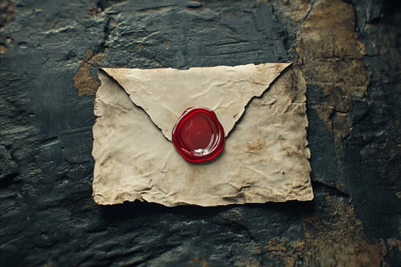 Old envelope with wax seal on grunge background. Vintage style.