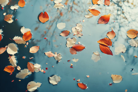 Colorful autumn leaves floating on water surface with bokeh backgroundの写真素材