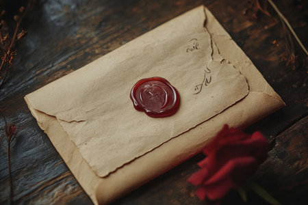 Old letter with wax seal and rose on wooden background, retro tonedの写真素材