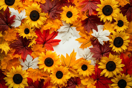 Autumn leaves and sunflowers on white background with copy space