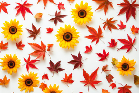 Autumn leaves and sunflower on white background. Flat lay, top viewの写真素材