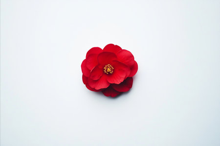 A vibrant red flower with delicate petals is centered against a plain white backdrop. The flower...