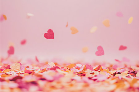 A shower of pink and gold heart shaped confetti falls onto a surface against a soft pastel...