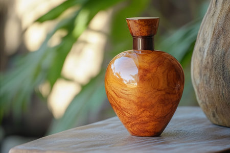 A beautifully crafted wooden vase with a glossy finish, showcasing intricate wood grain patterns and...
