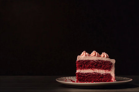 A slice of red velvet cake on a plate against a dark background, perfect for dessert.