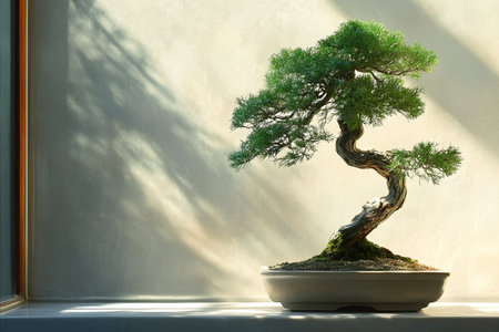 A beautifully shaped bonsai tree sits in a pot on a windowsill, illuminated by warm sunlight that...