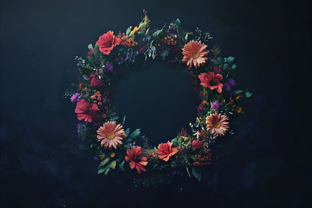A vibrant floral wreath with a dark background, perfect for adding a touch of elegance to any...