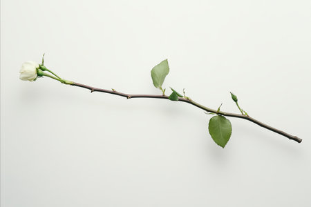 A delicate white rose bud on a slender, thorny stem with a few green leaves, set against a plain background.の写真素材