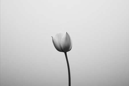 A beautiful black and white photograph of a single tulip with a delicate stem against a soft, plain...