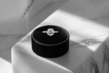 A stunning black and white photograph of an oval cut diamond engagement ring resting in a luxurious...