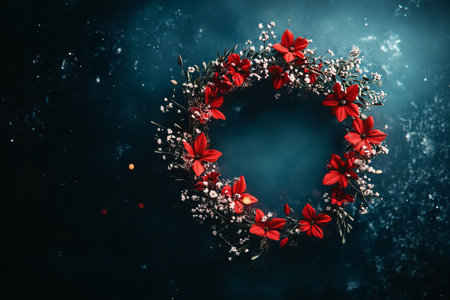 A Christmas wreath adorned with red poinsettias and silver accents hangs against a dark blue background, creating a festive and elegant winter scene.の写真素材