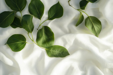 Top down view of fresh green leaves on a rumpled white cloth. Minimalist still life with natural...