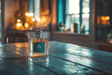 A close up of a luxury fragrance bottle on a dark wood surface. The background is blurred with warm...