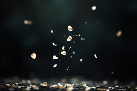 Abstract image of small, light-colored objects suspended in the air against a dark background,...