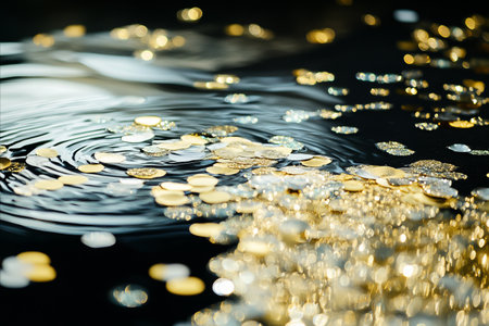 Close-up shot of water with gold flakes, creating ripples and reflections, showcasing a shimmering,...